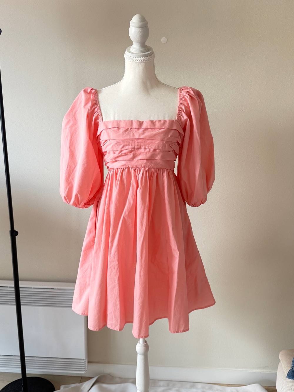 Pink Puff-Sleeve Square-Neck Dress